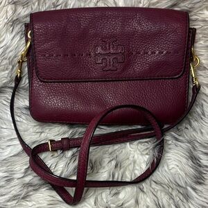 Tory Burch Wine Pebbled Leather Crossbody with Gold-Tone Hardware